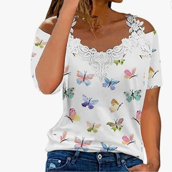 New XXL  Women's White Butterfly Lace Short Sleeve cold shoulder Top - Picture 1 of 4